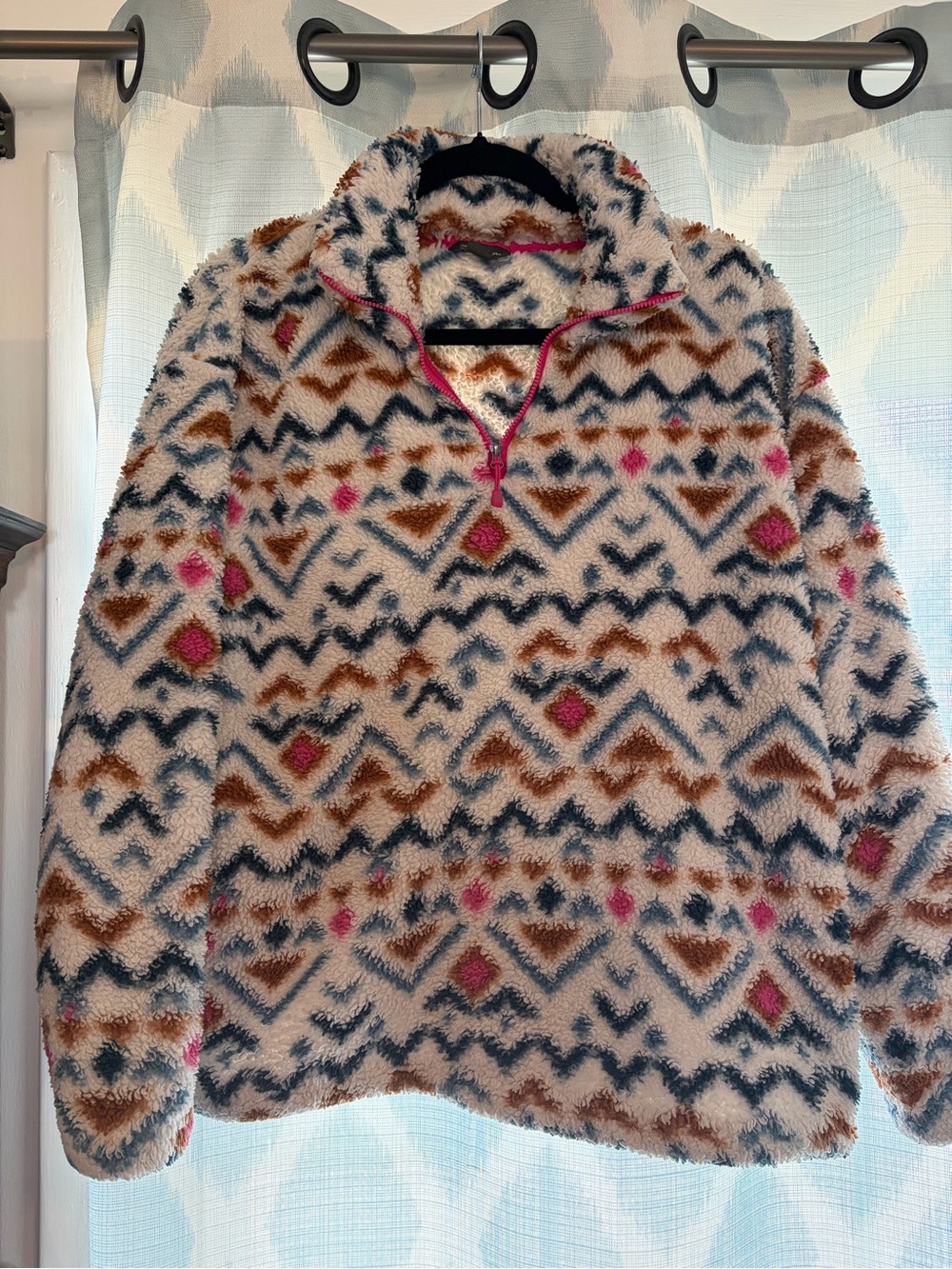 Eddie Bauer Cream Sherpa Pullover with Blue, Brown & Pink Pattern